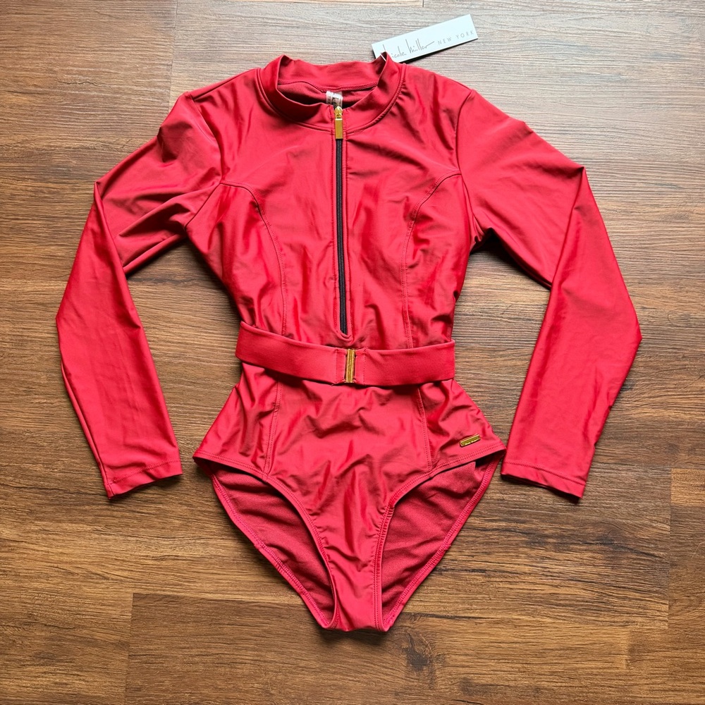 Nicole Miller Brick Red Long Sleeve Bodysuit with Zipper NWT
